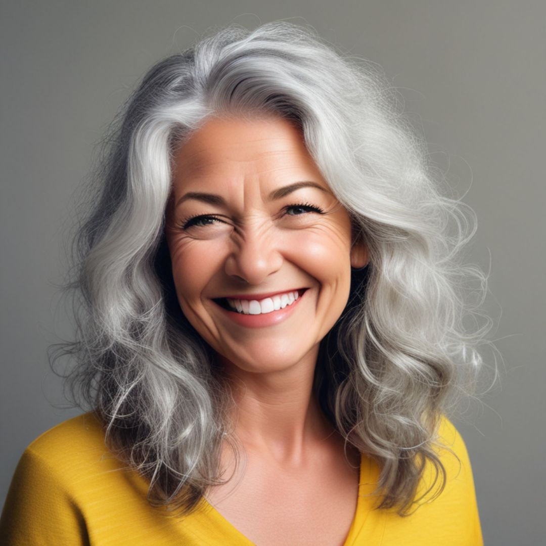 Woman in her 60's with salt and pepper hair. Big smile on her face, radiating joy, confidence and purpose. She wearing a yellow long sleeve shirt.