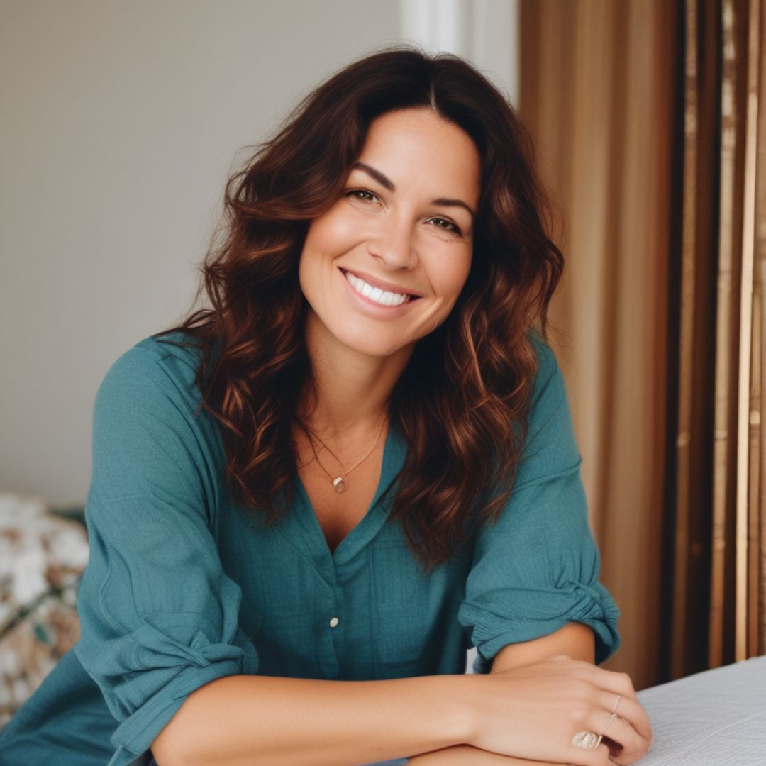 Brown haired woman with inviting smile wearing teal shirt with arms propped up on table. She's happy, calm and at peace.